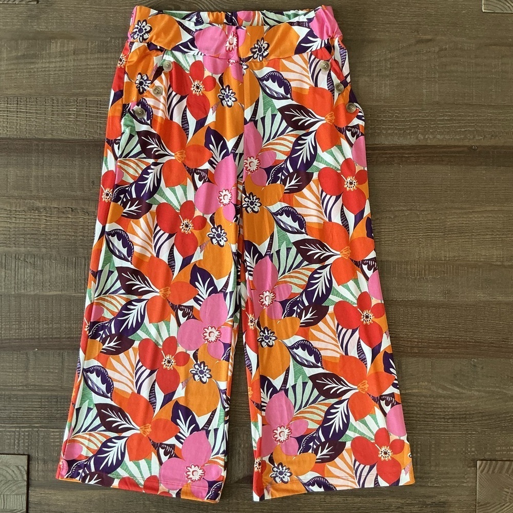 Robert Louis Vibrant Elastic Waste Wide Leg Cropped Pants With Pockets Size Med